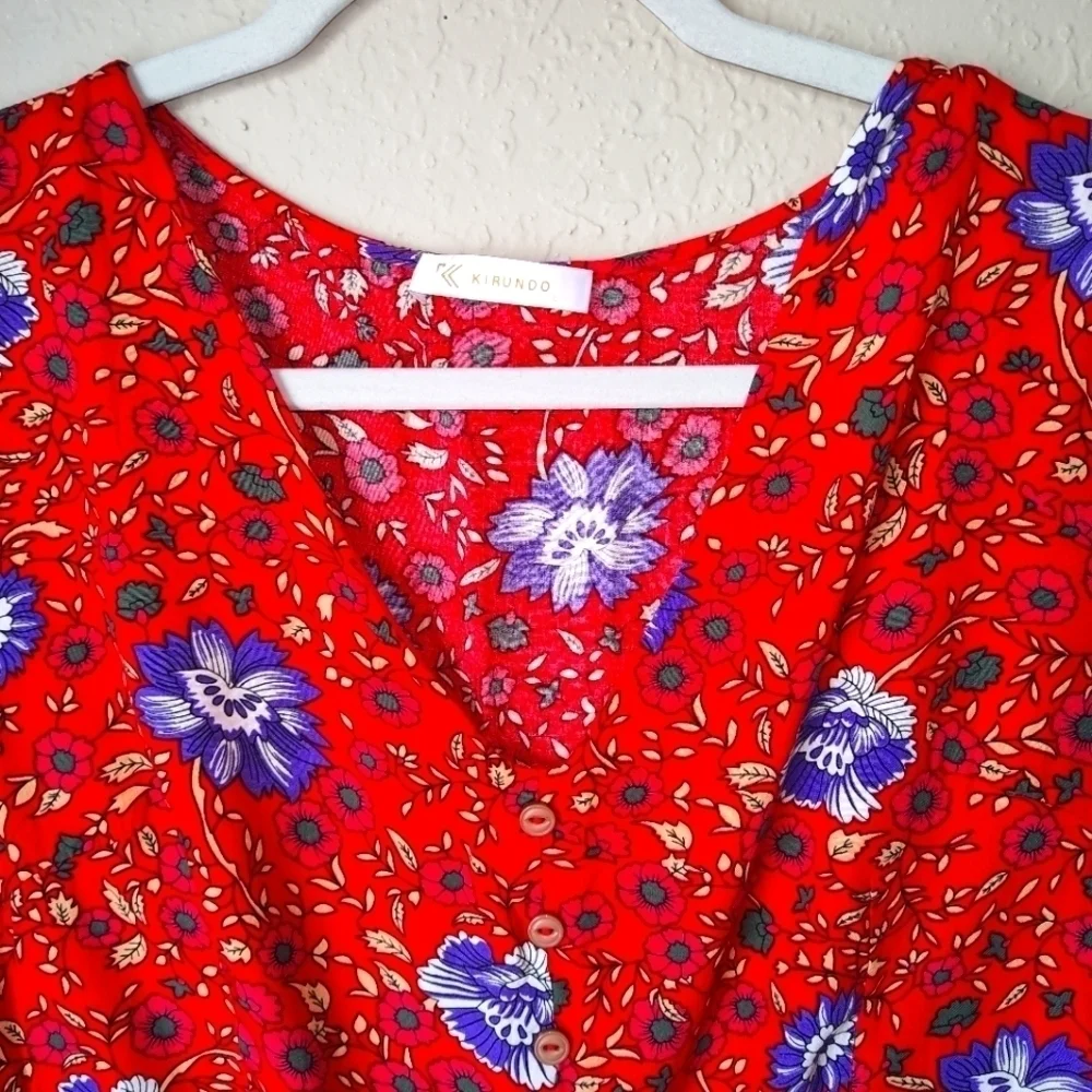 KIRUNDO Red Floral Boho Flutter Sleeves size L